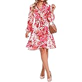 Ystguic Women Long Sleeve Spring Button Down A-Line Floral Print Summer Cocktail Shirt Dresses with Belt
