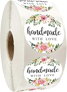 1.4 Inch Floral Handmade with Love Stickers, Homemade with Love Stickers, 500 Round Adhesive Label Stickers, Packaging Stickers Perfect for Baking, Craft Project, Gift Package Decoration.