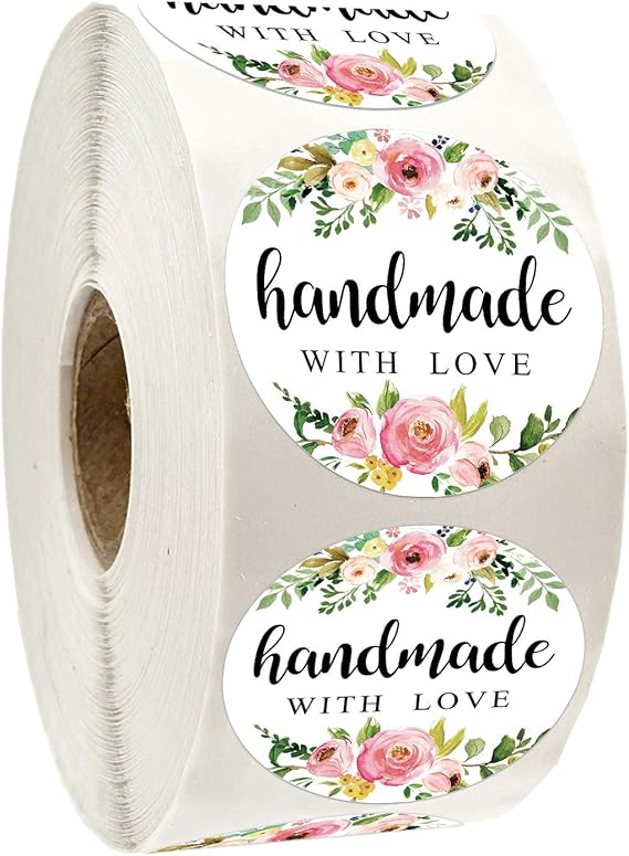 1.4 Inch Floral Handmade with Love Stickers, Homemade with