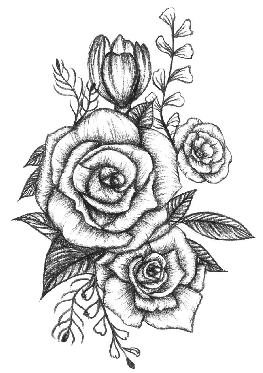 DaLin 4 Sheets Flower Temporary Tattoos for Women Men (Black Rose Style 6)