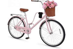 GYMAX 24 26 inch Beach Cruiser Bike, Retro Commuter Bike w/Rattan Basket, Rear Rack, Cup Holder, Adjustable Seat & Handlebar,