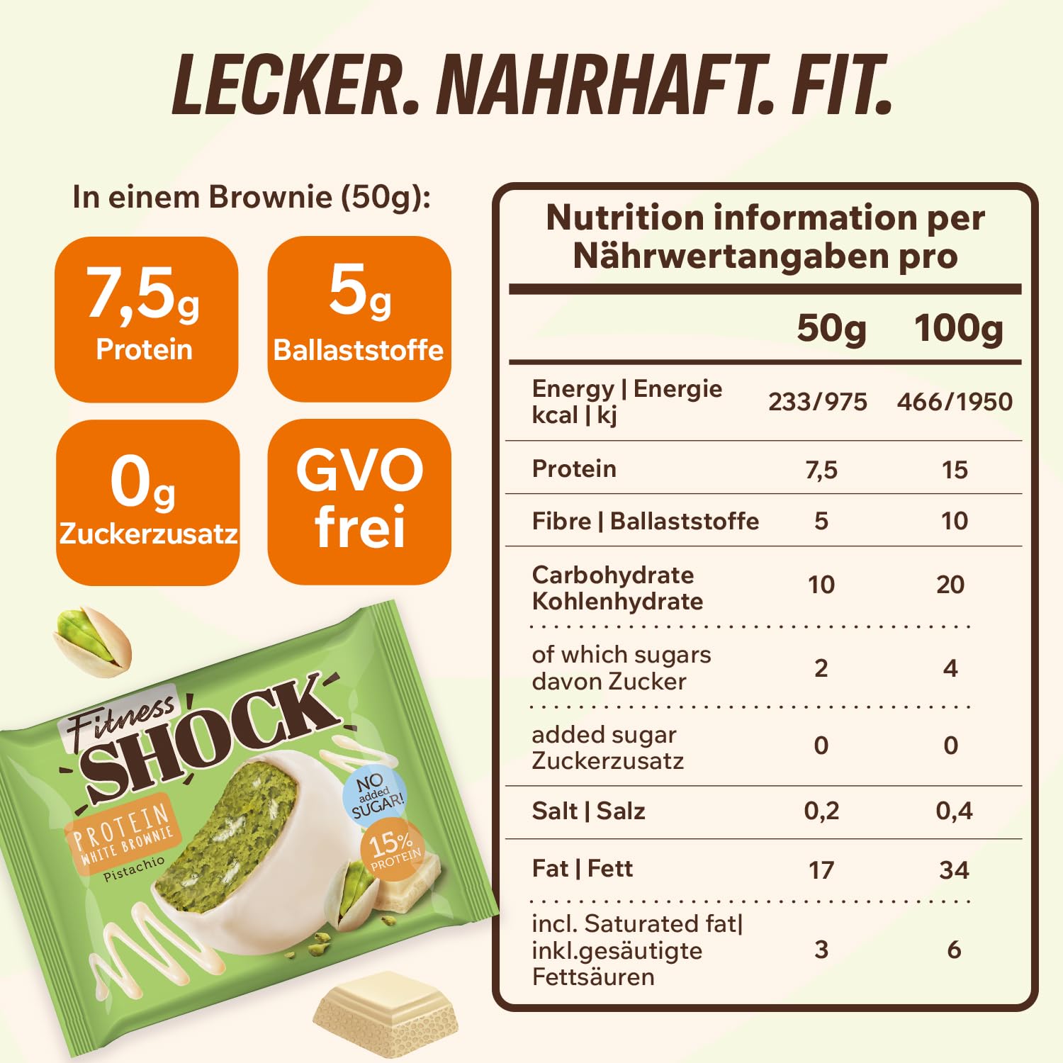 FitnesSHOCK Protein Brownie Snack ohne Zusatz von Zucker, Kekse mit 15% Eiweiß, Weiße Schokolade, sättigende Ballaststoffe, low carb, weiche Konsistenz, 10 Stück х 50g - Pistazien Geschmack 3