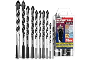DCWecher 10-PCS Masonry Concrete Drill Bit Set, Heavy-Duty Masonry Drill Bits for Concrete, Brick, Tile, Cement, Carbide Tip (1/8" to 1/2")