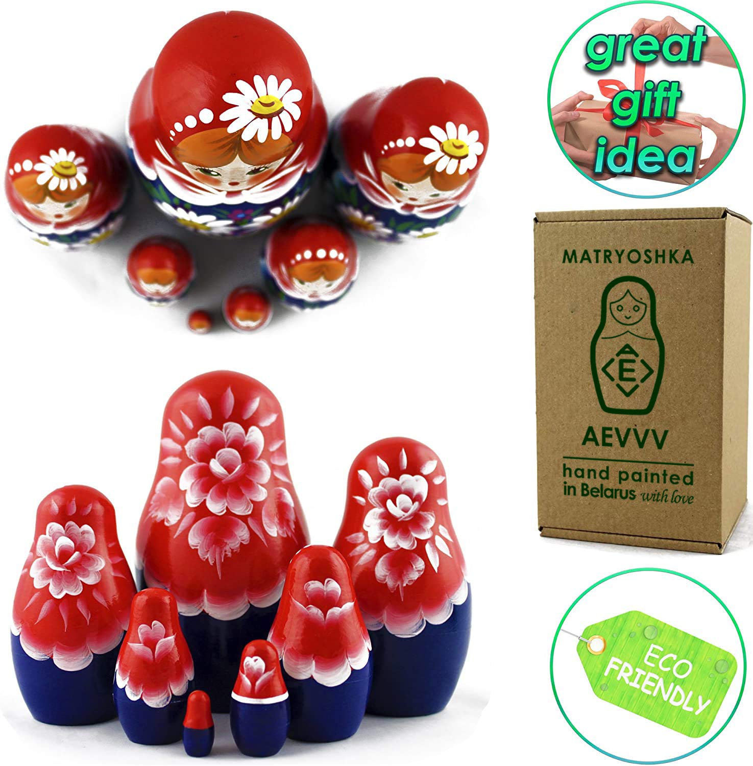Matryoshka Matrioskas - 7 Russian Nesting Dolls for Kids - Babushka Matruska Toy Figure
