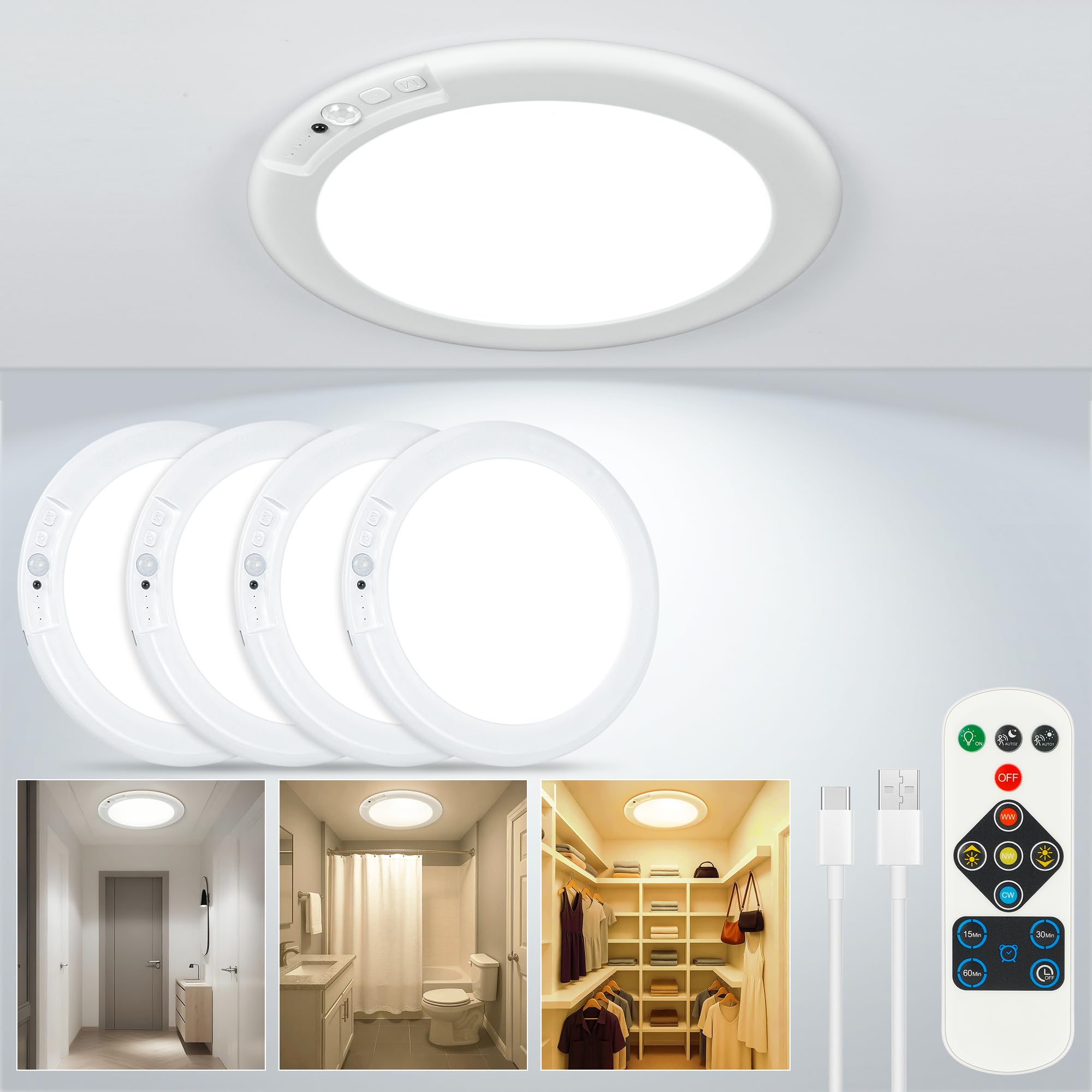 Photo 1 of **VERY THIN LIGHT COVERS ONLY** Rodalims Rechargeable Ceiling Light, No Wiring Battery Operated Ceiling Lights with Remote, Motion Sensor Dimmable Timing Motion Activated Overhead Shower Light for Bathroom Pantry Hallway Porch (4)