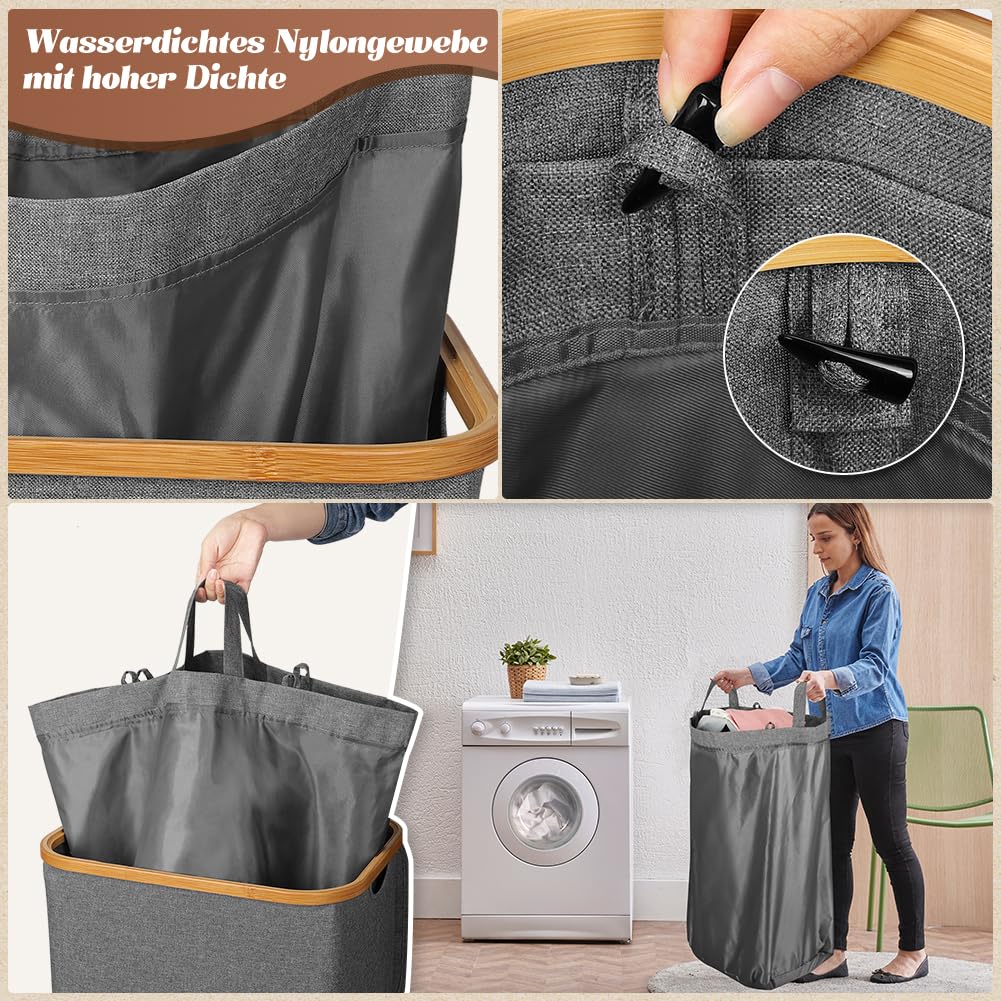 OUSFOT Wäschekorb mit Deckel 105L Wäschesammler faltbar aus 600D Oxford-Gewebe mit Abnehmbarem Wäschesack Bambus-Wäschebox Wäschesortierer Wäschetonne Laundry baskets Grau 4