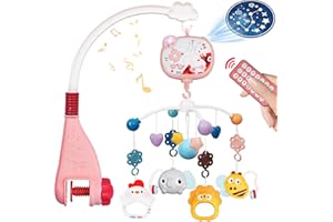 HCFJEH Crib Mobile with Music and Lights, Baby Mobile for Crib Toys with Rotation, Remote Control, Projection, Nursery Crib Musical Mobile for Bassinets Arm Clip On Hanging for Infant Boys Girls Toddles Pink