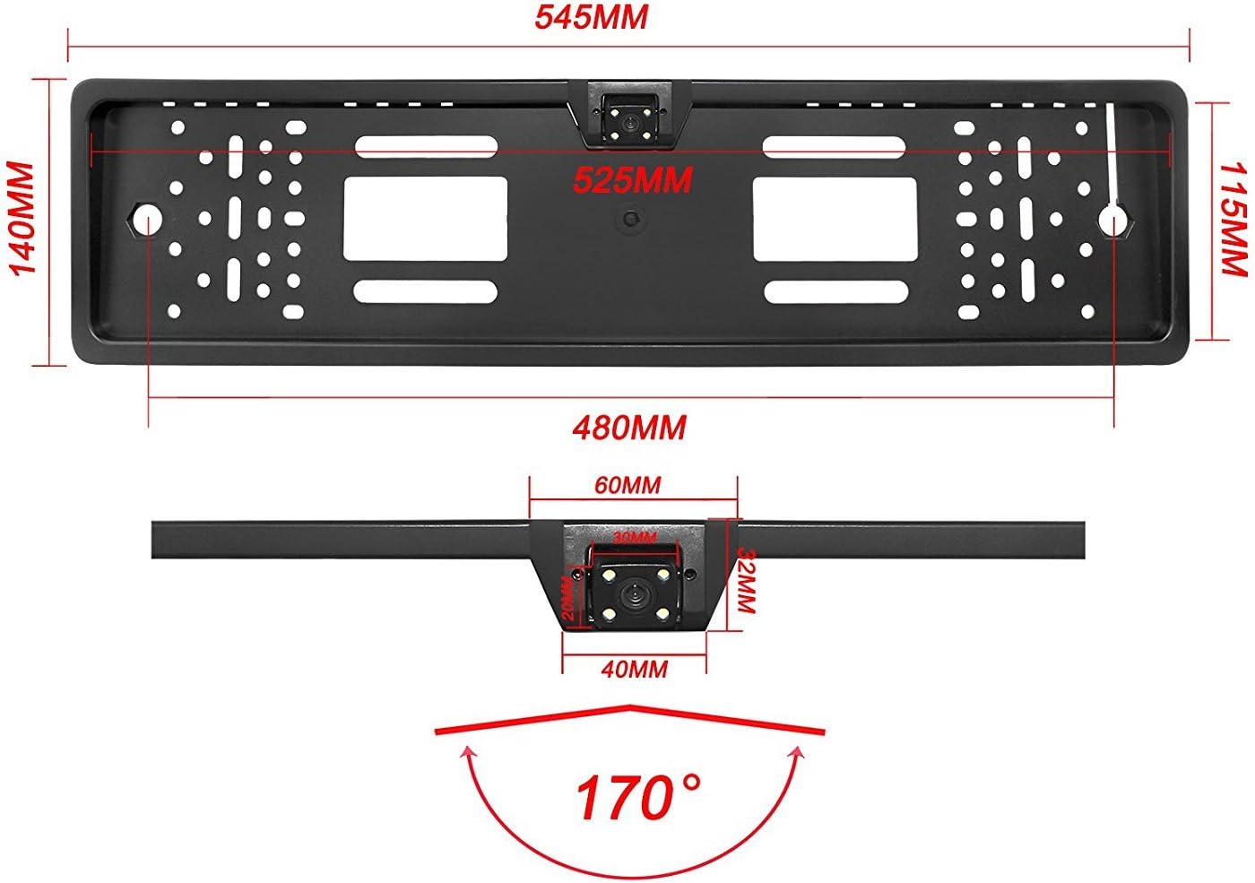 Yinuo 170 ° HD Color CMOS Universal European License Plate Holder Car Rear View Camera, waterproof | Night Vision | 4 LED, 10-14 V, Black
