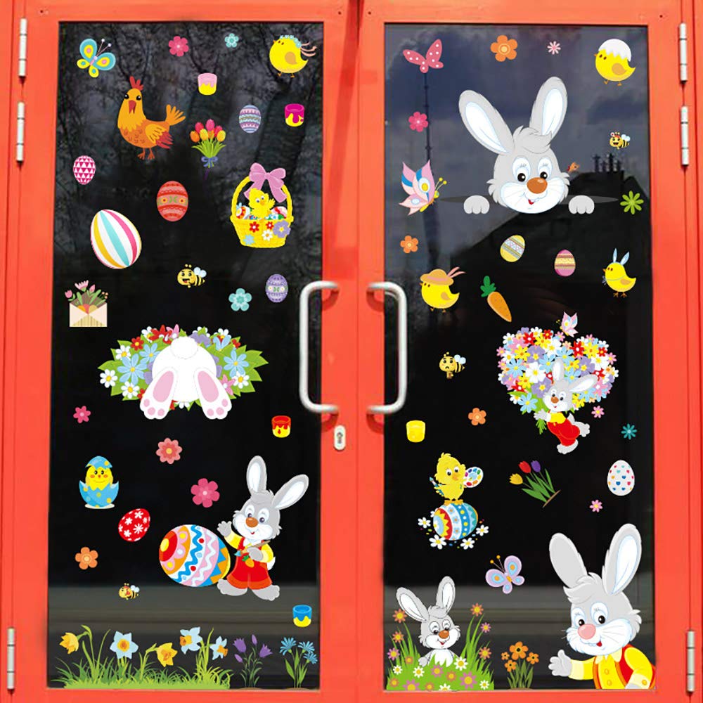 LJHSZ 110Pcs Easter Decorations Window Clings Decals Decor, Kids School Home Office Extra Large Easter Eggs Bunny Carrot Flowers Accessories Party Supplies Gifts, (9 Sheet)