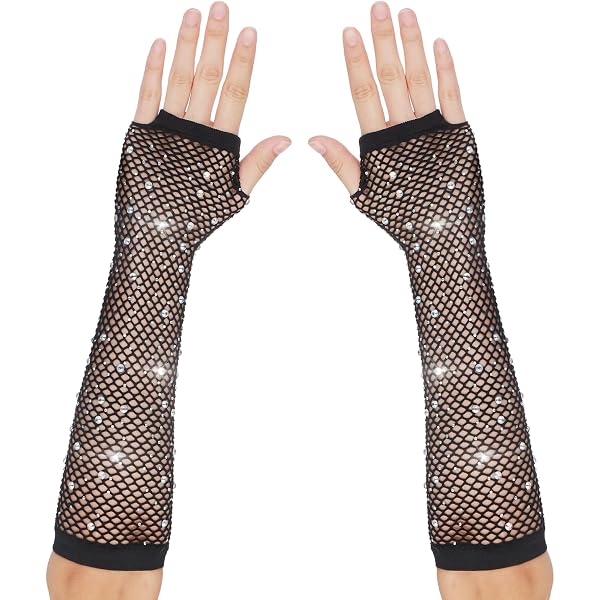 1 Par De Guantes Largos De Rejilla Con Pedrería Para Mujer – Brillantes Y Elásticos Para Halloween, Carnaval, Cosplay Y Fiestas De Disfraces