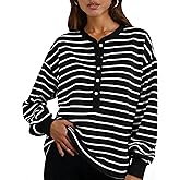 ZOCPEONY Womens Striped Sweatshirt Oversized Half Button Down Tops Crewneck Pullover Casual Long Sleeve Shirts