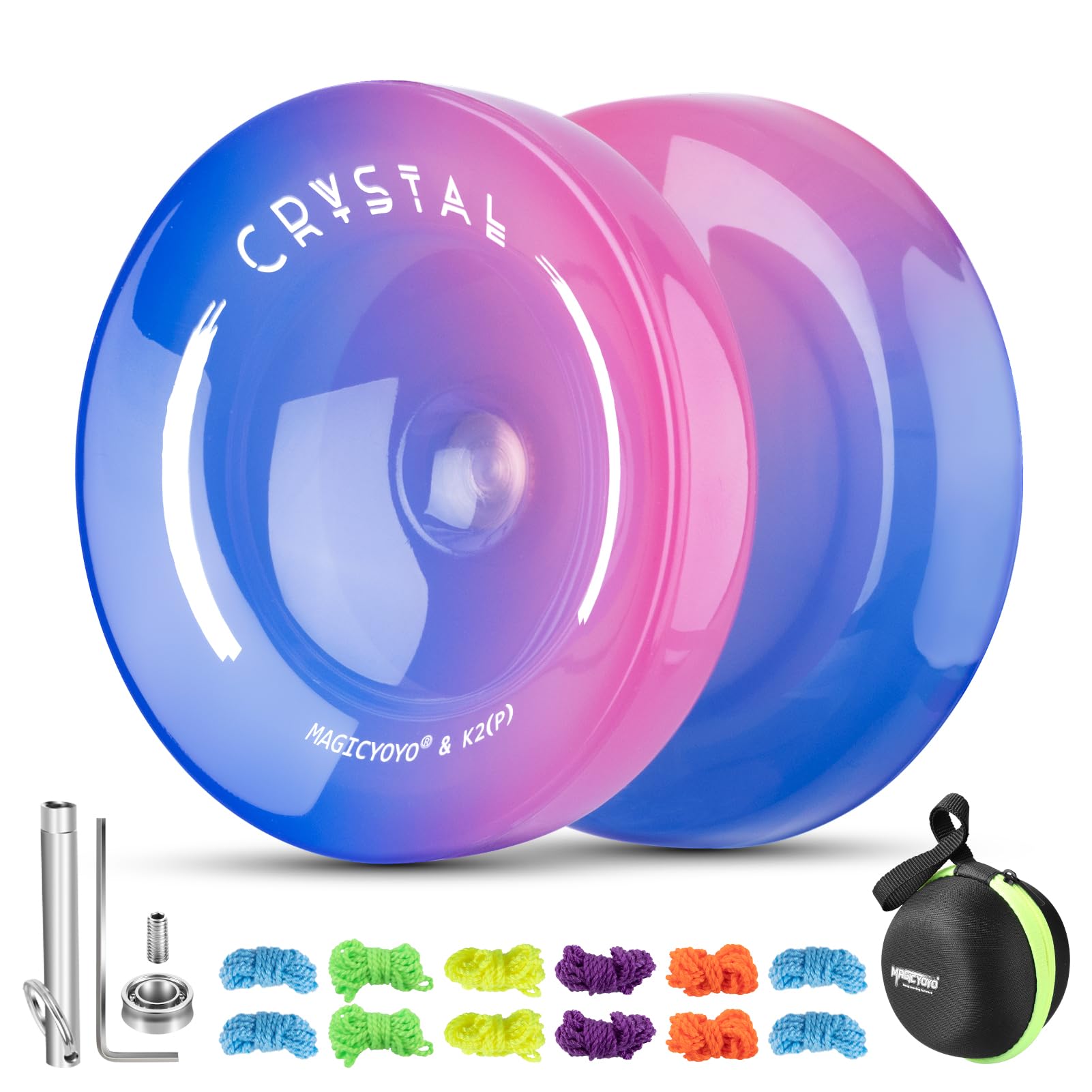MAGICYOYO K2 Yoyo for Kids Beginner, CRYSTAL Yoyo Blue Pink Gradient, Responsive YoYo with Professional unresponsive Yo Yo bearing + 12 Yo-yo Strings+ Yo yo Storage Bag
