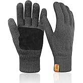 MIG4U Mens Warm Winter Wool Gloves Knit, Thermal Insulated Fleece Lined Glove with Leather Palm