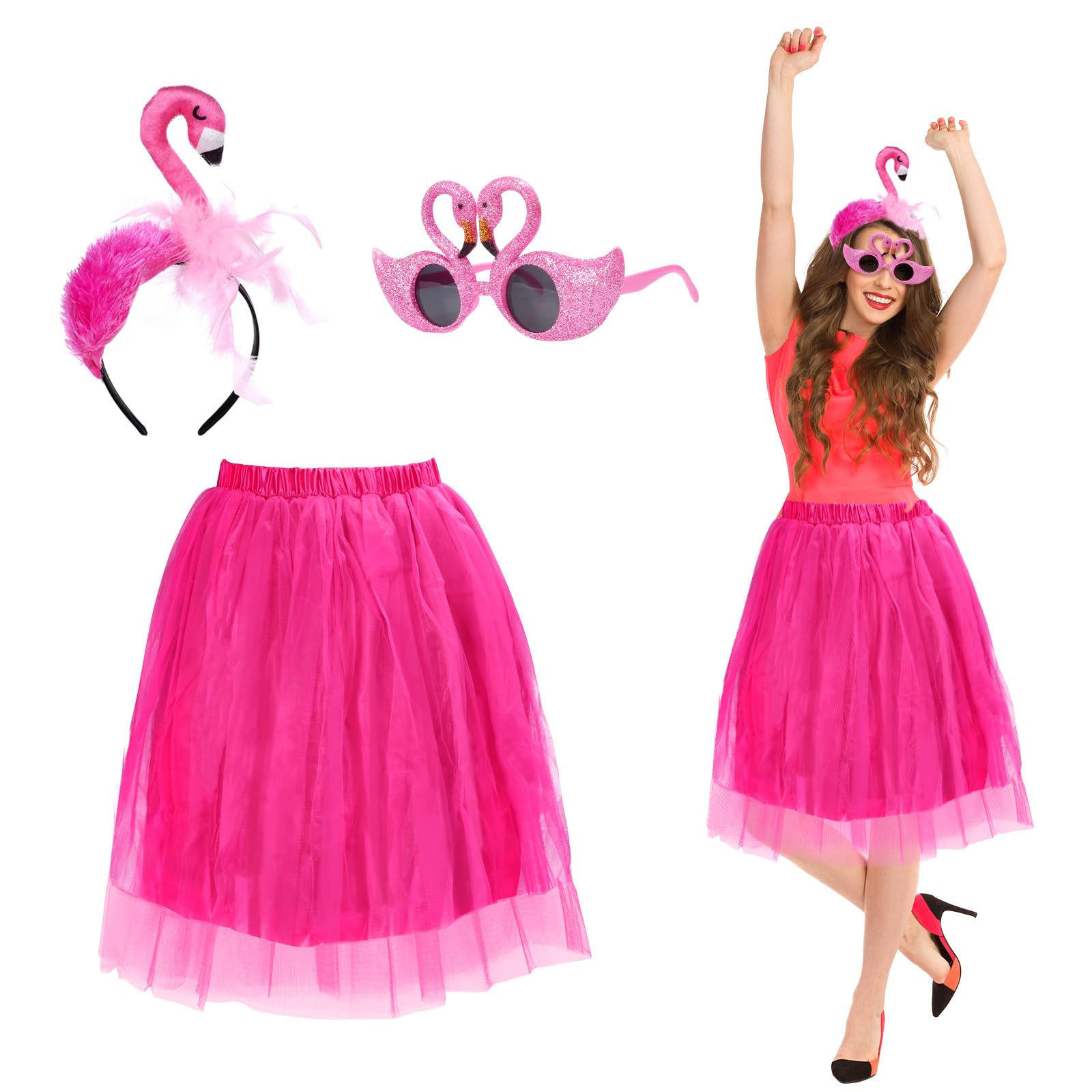 LAMEK 3pcs Hawaiian Costume Accessories Flamingo Fancy Dress Adults Kids with Flamingo Hairband Sunglasses Skirt for Hawaii Tropical Summer Beach Luau Party Fancy Supplies