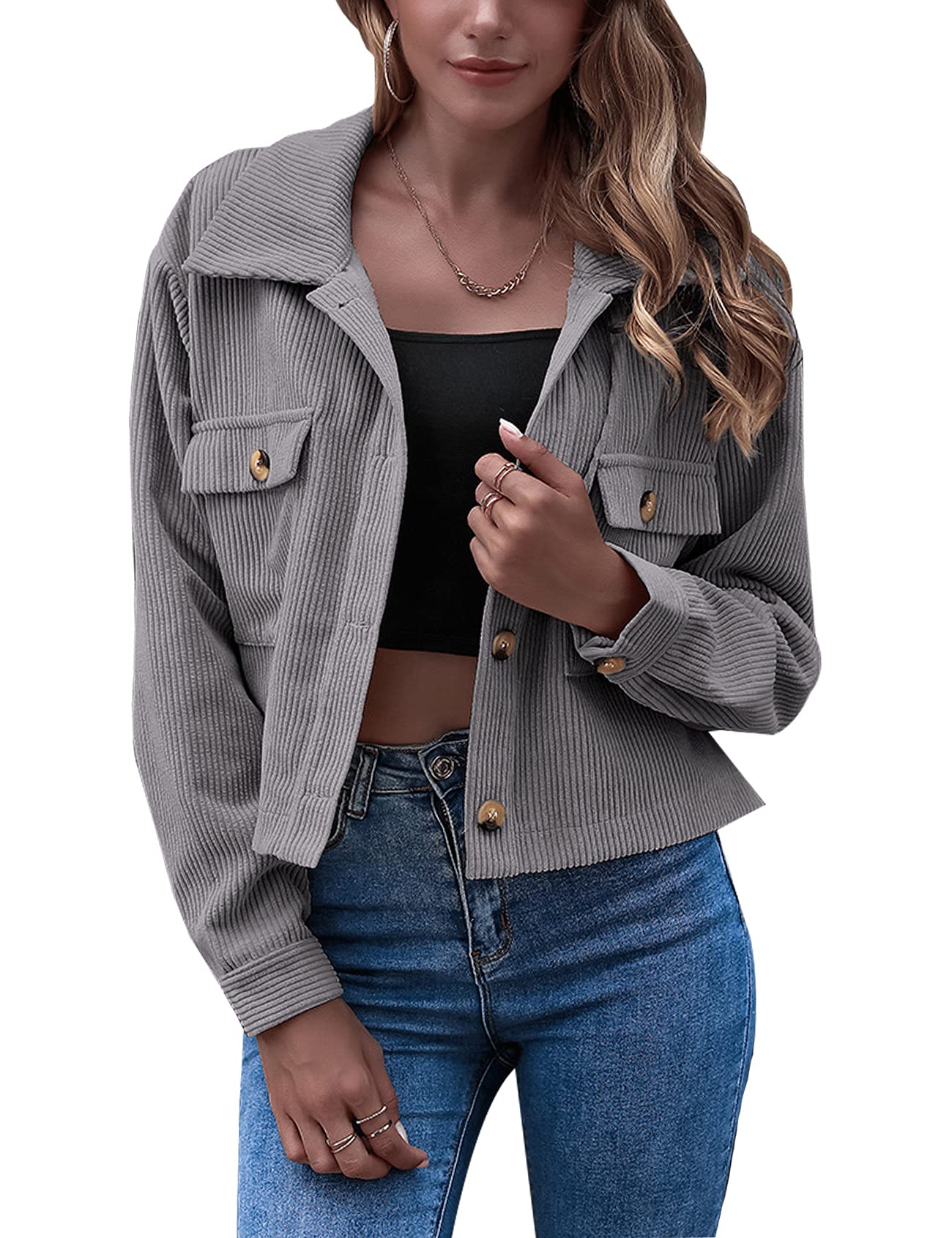 Photo 1 of Gihuo Women's Fashion Cropped Shacket Button Down Corduroy Shacket Jackets Casual Plaid Long Sleeve Crop Jackets Tops (Grey, Small)