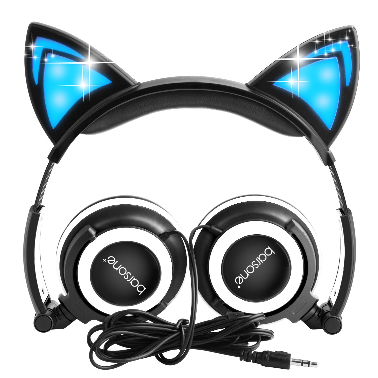 Cat Ear Headphones,barsone Wired Foldable On Ear Headsets with LED Glowing Light 3.5mm Audio Jack Headset for Children (Black)