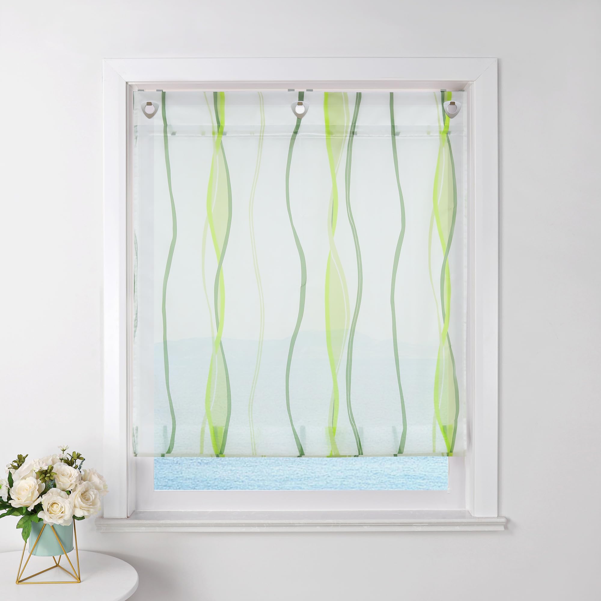 ESLIR Roman Blind with Eyelets, Kitchen Roman Curtains, Transparent Eyelet Roller Blind Curtains with Wave Print, Modern Voile Green, W x H 100 x 140 cm, Pack of 1