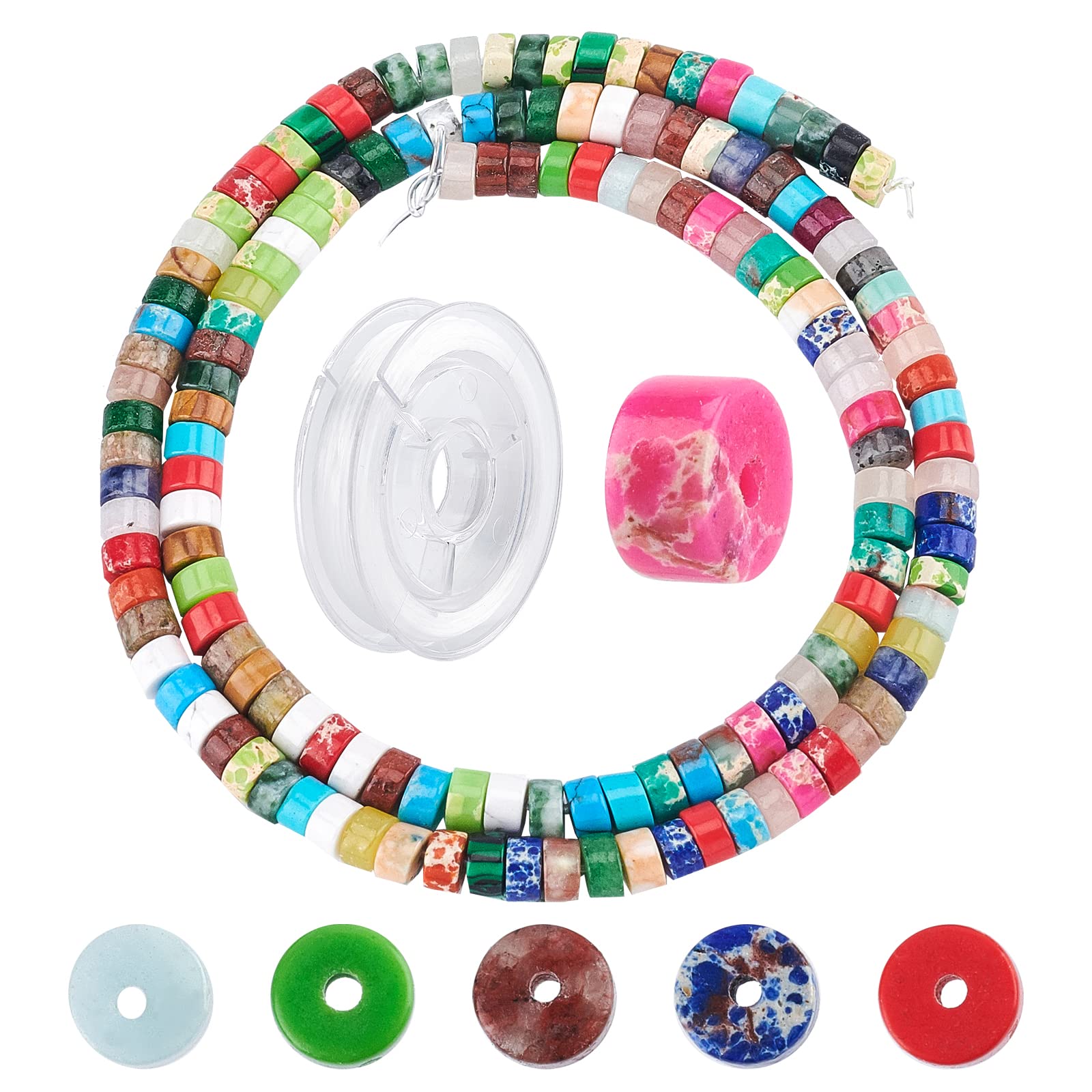 SUNNYCLUE 1 Box 167Pcs Natural Stone Heishi Beads Lukcy Energy Disc Gemstone Beads Flat Round Coin Stone Gemstone Beads with Elastic Thread for Jewellery making Craft Bracelet Earrings Necklace