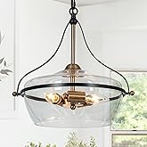KSANA Black and Gold Chandelier, 3-Light Mid-Century Modern Pendant Lighting Fixture with Clear Glass and Electroplated Brass