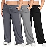 HLTPRO 3 Pack Lounge Pants Women Plus Size Wide Leg Pants Woman with Pockets Casual Pajama Palazzo Black Pant for Yoga