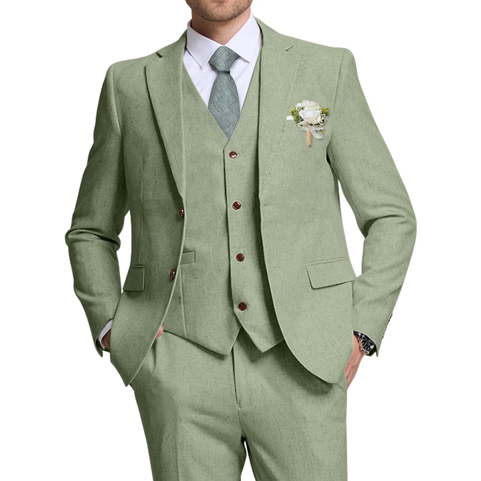 High-End Suits Retro Men Suits Linen 3 Pieces Suit