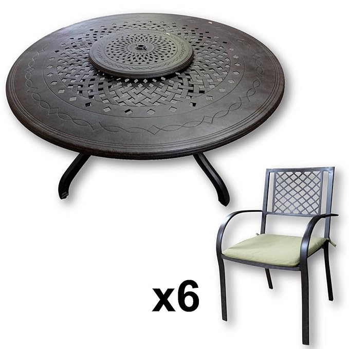 Lazy Susan - AMELIA 150 cm Runder Gartentisch mit 6 Stühlen - Gartenmöbel Set aus Metall, Antik Bronze (JANE Stühle, Grüne Ki