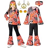 IWALUE 60s 70s Outfits Hippie Kid Girls Costume Set Disco Boho Flared Pants Accessories Set