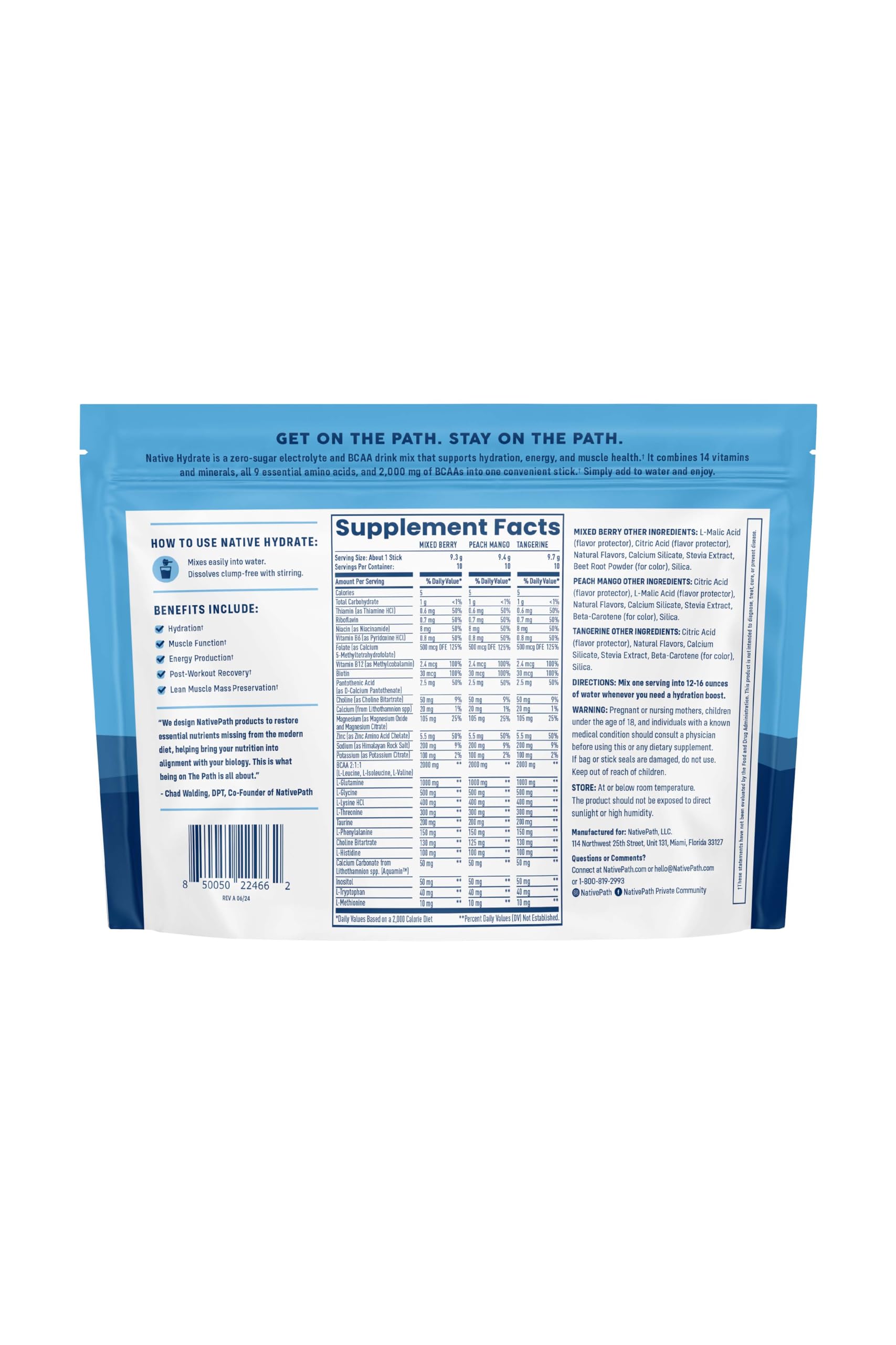 NativePath Native Hydrate Stick Packs with Electrolytes and Amino Acids, Variety Pack, Mixed Berry, Peach Mango, Tangerine, 30 Servings