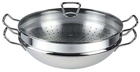 Fissler Wok nanjing – Edelstahl Pfanne – Wokpfanne hoch – mit Glasdeckel 36 cm Ø – Induktion, Ceran, Elektro, Gas – 006-833-3