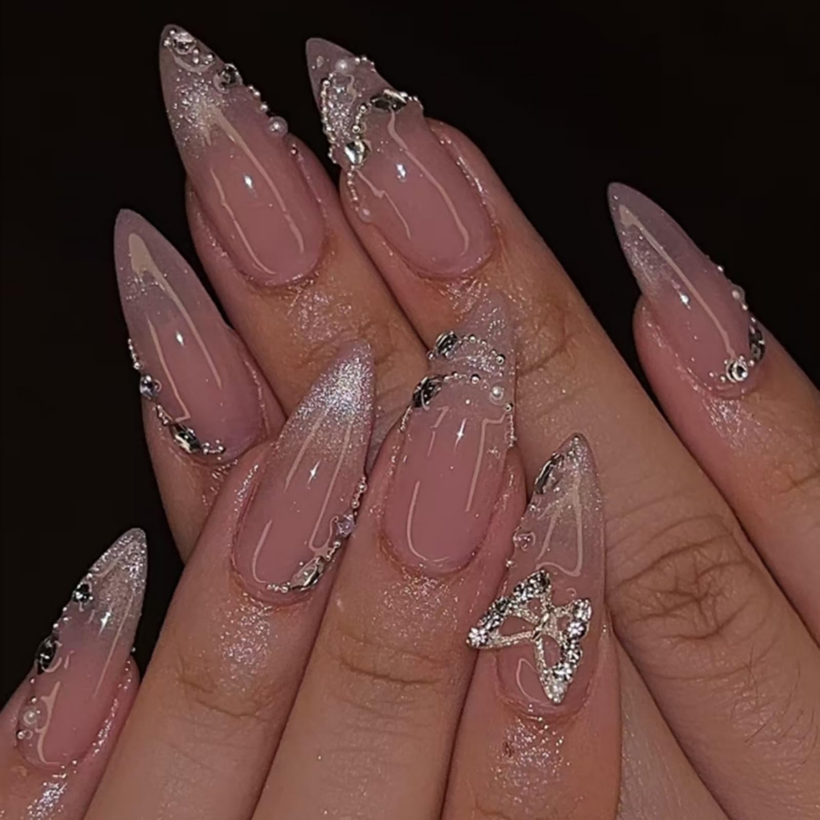 Photo 1 of Medium Press on Nails Almond Fake Nails Ombre False Nails French Tip Artificial Nails Cute Nails with Butterfly Designs Stick on Nails for Women 24pcs