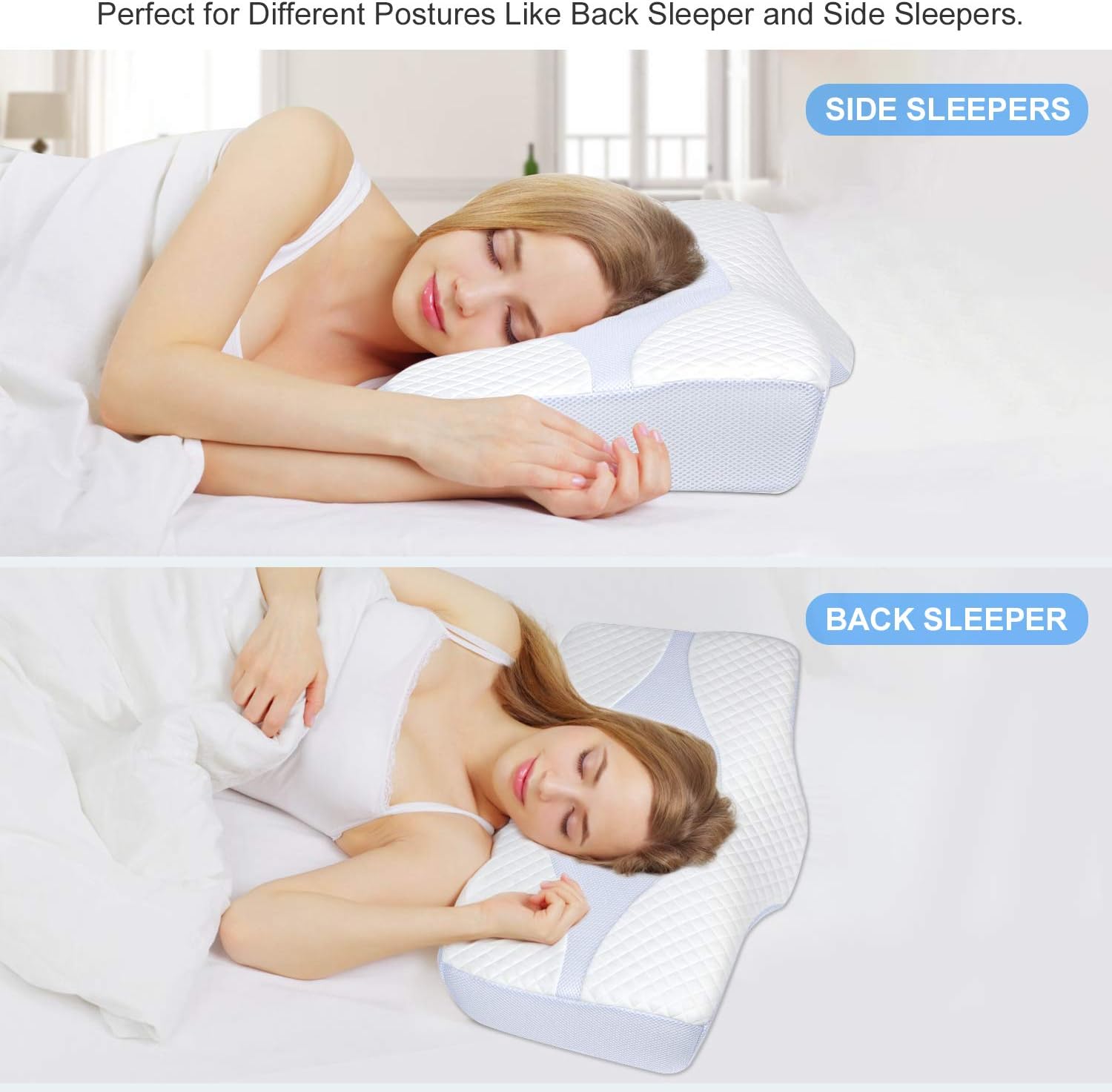 HOMCA Memory Foam Cervical Pillow for Sleeping, Contour Pillow for Neck and Shoulder Pain, Orthopedic Pillow for Side Back Sleepers and Stomach Sleepers, Queen Size: Home & Kitchen