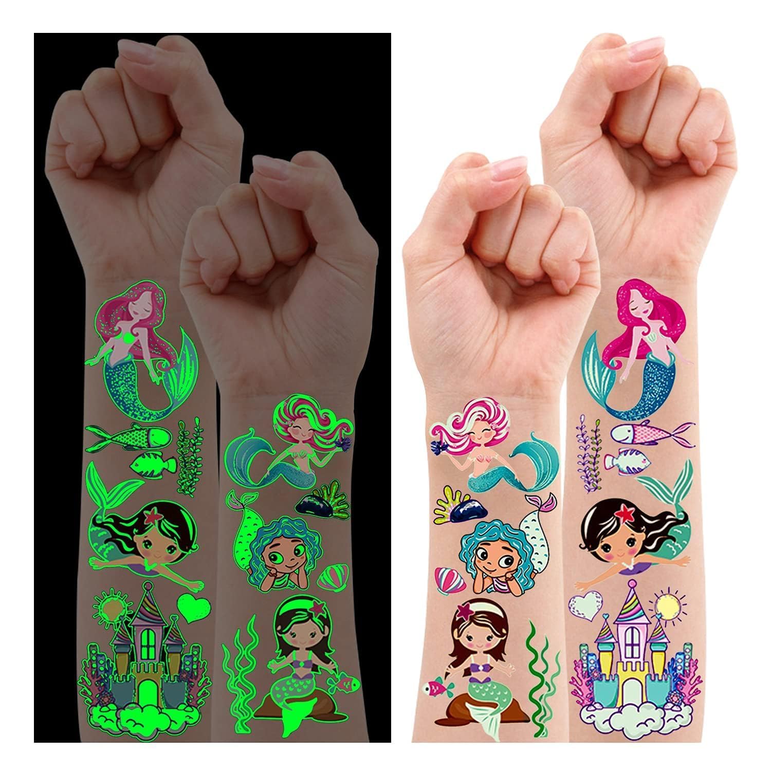 Leesgel 10 Sheets Glow in the Dark Mermaid Temporary Tattoos for Children, Pinata Birthday Gift for Boys and Girls of All Ages