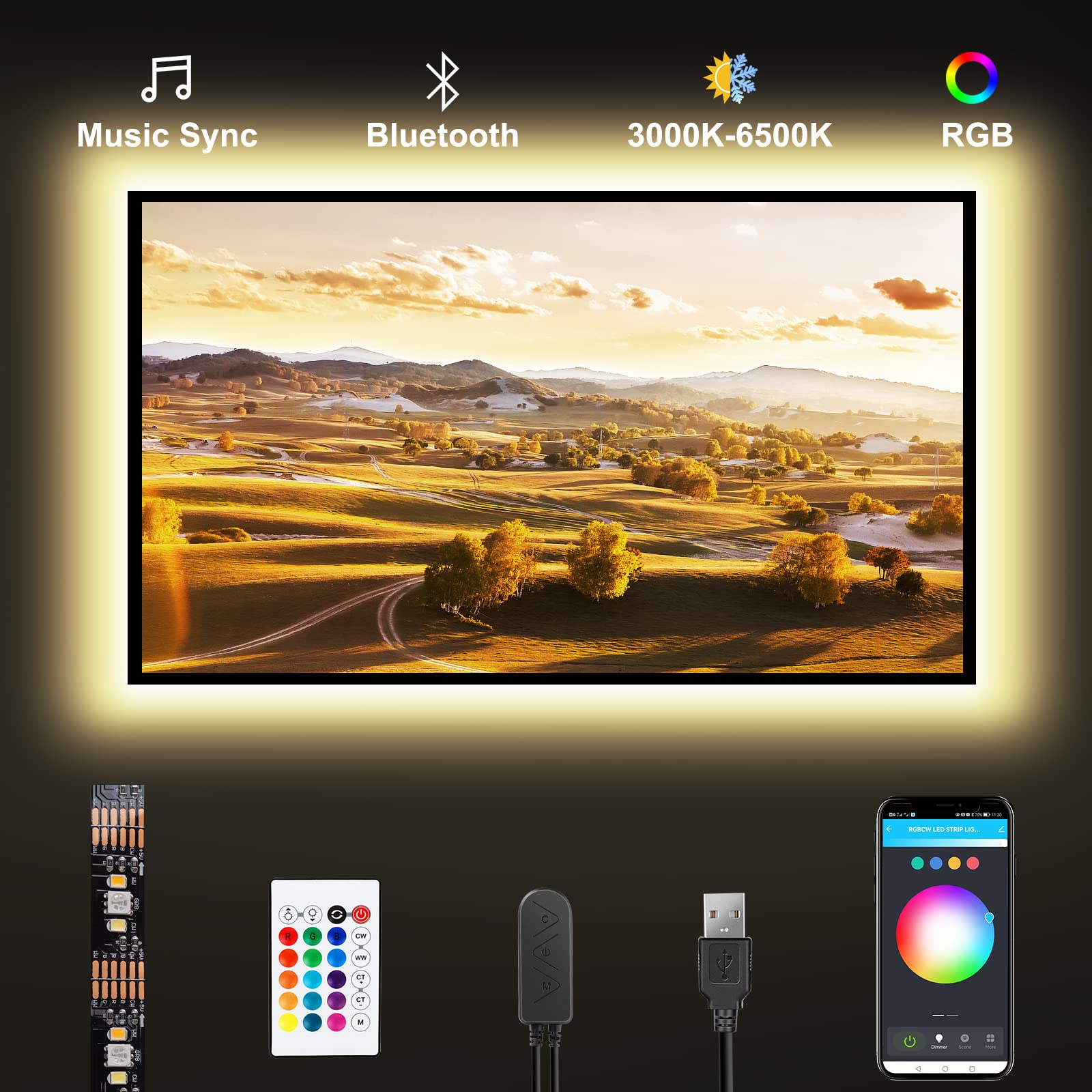 Bluetooth RGBWW LED Lights for 70-75 Inch TV with App Control, RGB+Tunable White 3000K-6500K TV LED Backlight with RF Remote, Music Sync Indoor USB LED TV Lights for TV, Gaming