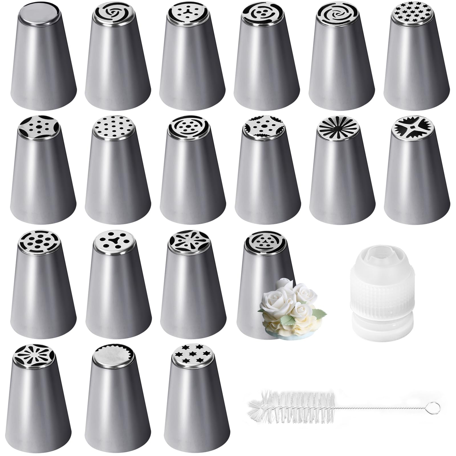 19Pcs Russian Piping Tips Set, Grass Icing Nozzles, Cream Piping Nozzles, Stainless Steel Russian Icing Piping Nozzles Tips, Round Piping Nozzle with Coupler for Frosting Cookie Cake Cream Baking