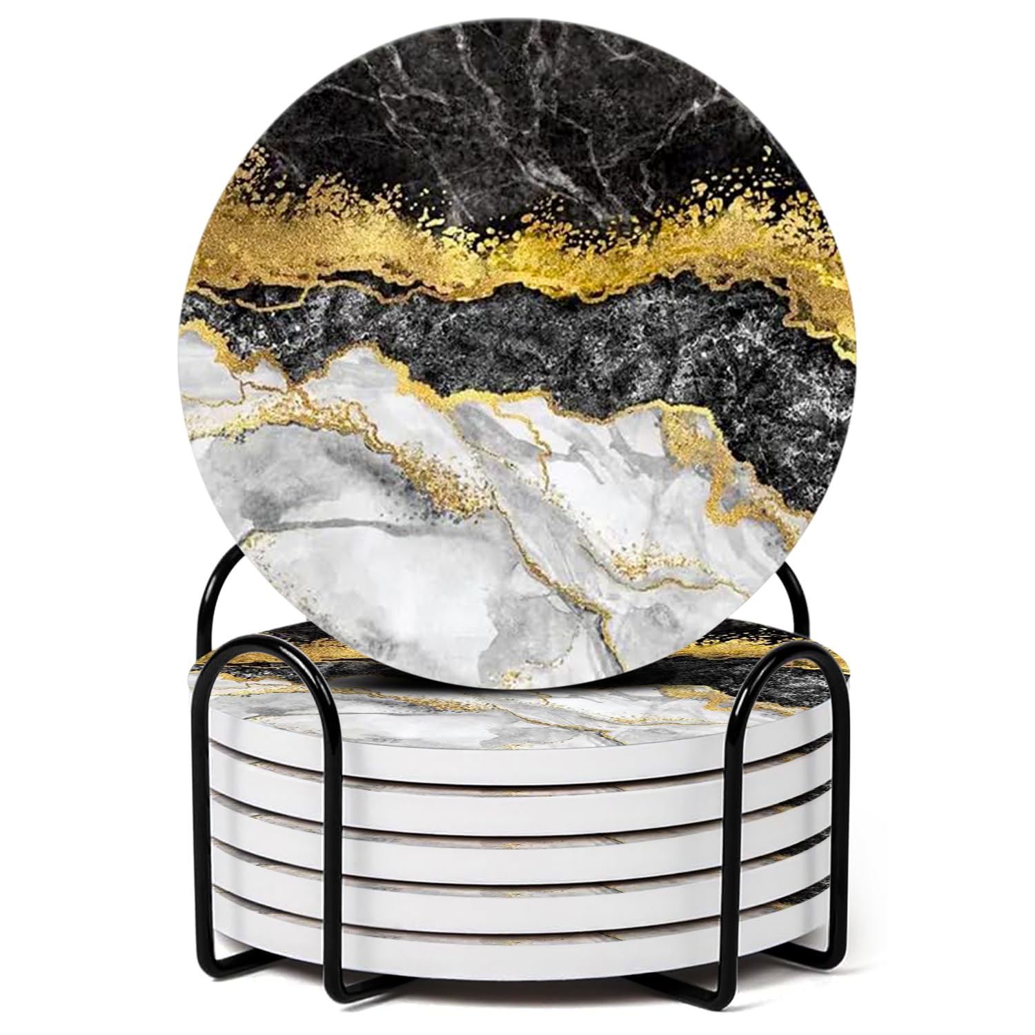 Coasters Set of 6 - Homeware Marble desigh Coasters Ceramic - Coasters with Holder and Cork Base,Home accessories,Coaster(Drinks) cup and Table decor,10cm 4inch. (Marble Black and Gold)