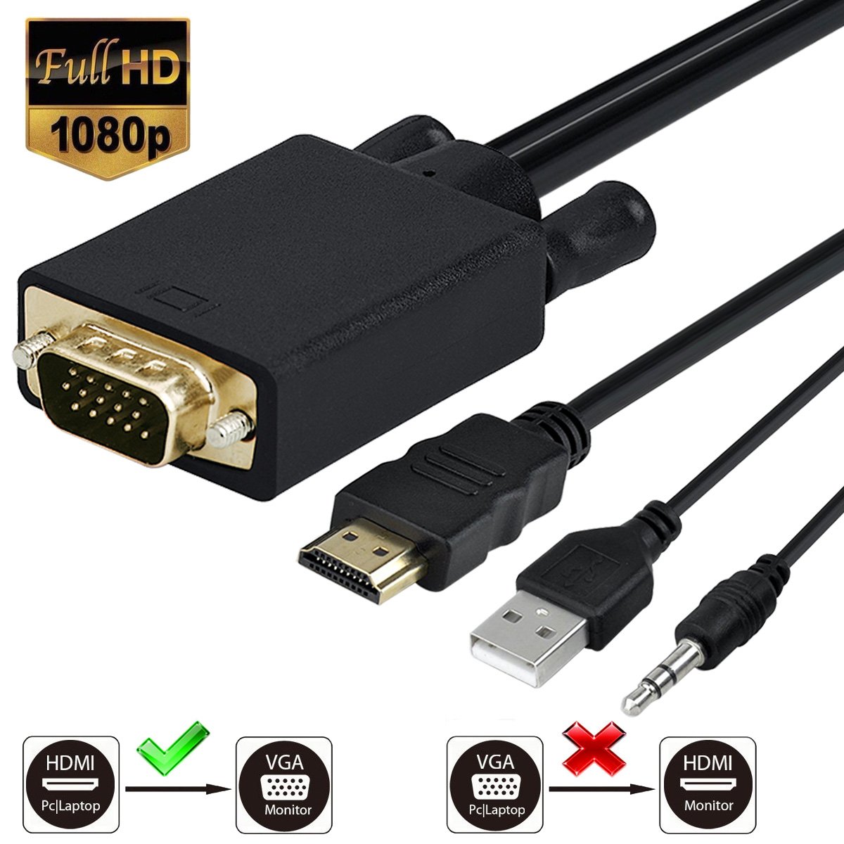 HDMI to VGA Adapter Cable With Micro USB Powered And Audio Cable 1080P Male to Male HDMI to VGA Active Video Converter Cord (6 Feet/1.8 Meters)