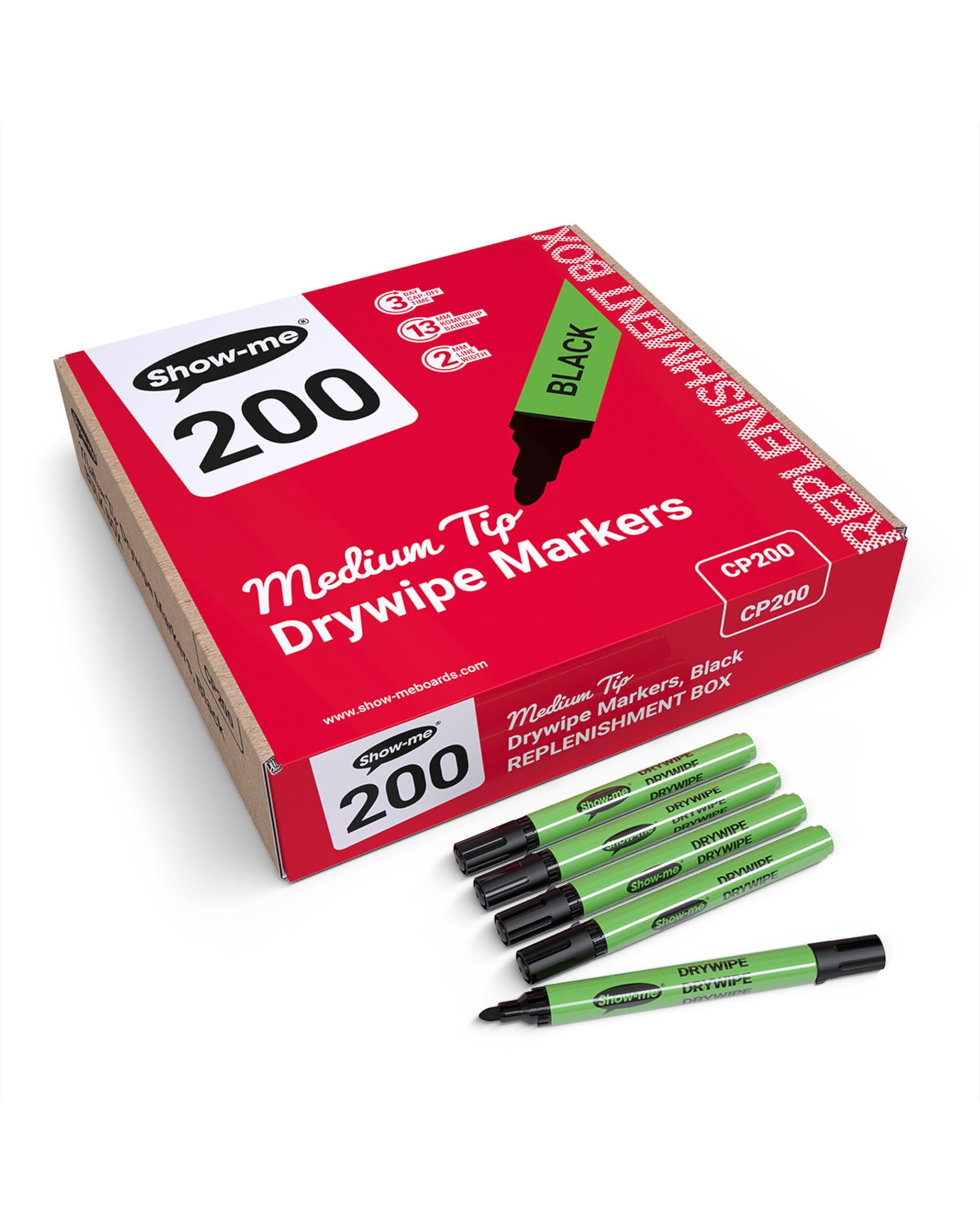 SHOW-ME - Whiteboard Markers | Drywipe, Erasable Black Medium Tip 2mm Line | Classroom Board Writing Pens with 3-Day Cap-off, Box of 200