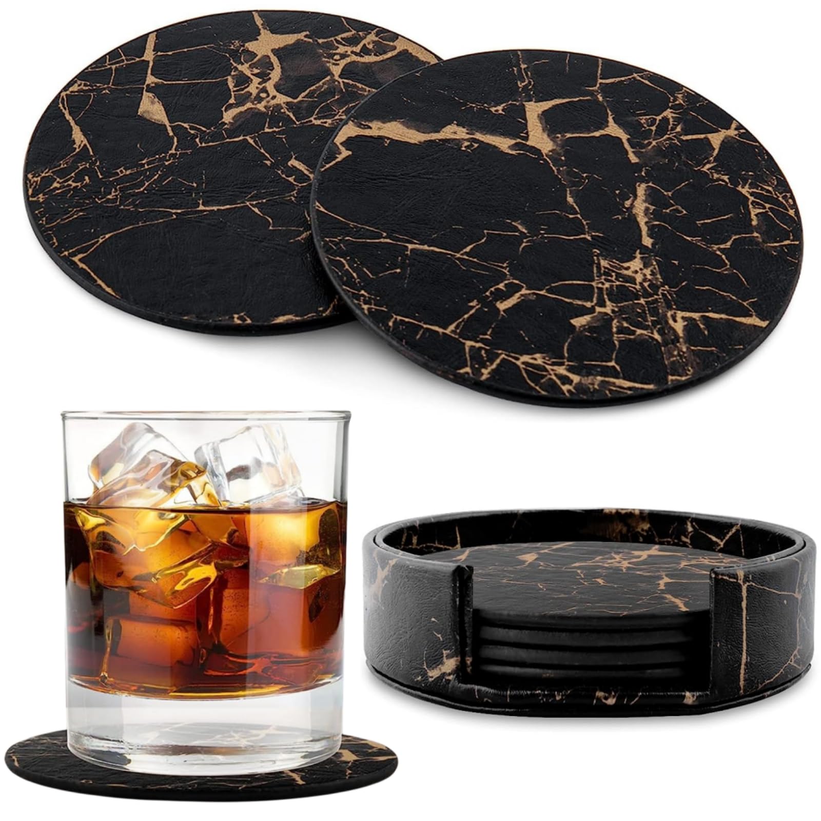 GOWEILE Drink Coasters Set of 6 PU Leather Marble Coaster Drink Coffee Cup Mat Round Tea Pad Table Pad Holder Suitable for Kinds of Mugs and Cups