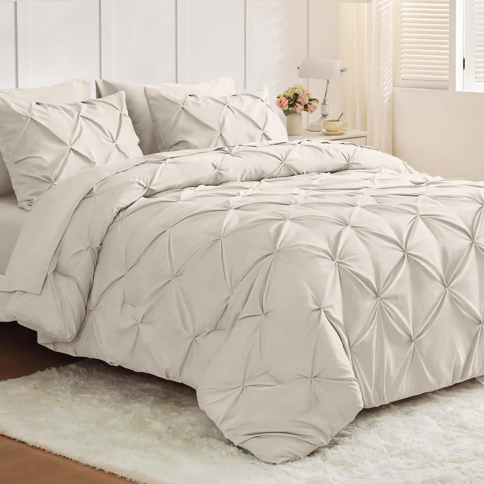 JOLLYVOGUE Twin XL Comforter Set 5 Pieces - Bed in a Bag Twin XL for All Season, Pintuck Bedding Comforter Sets with Comforter, Flat Sheet, Fitted Sheet and Pillowcases & Shams, Beige Image