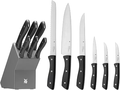 WMF Profi Select - Conjunto de 7 peças, 6 facas com suporte de madeira lacado na cor cinza, lâmina de aço temperado com borda de longa duração
