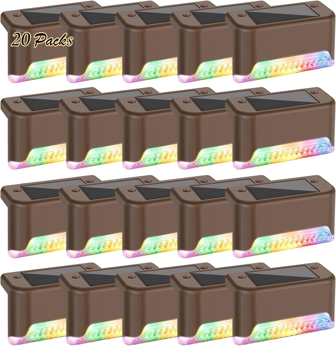 20-Pack Solar Deck Lights Color Changing, RGB LED Outdoor Step Light Waterproof, Colored Solar Powered Fence Lighting Bronze Finished for Decks Stairs Patio Path Yard Garden Decor, Multicolor