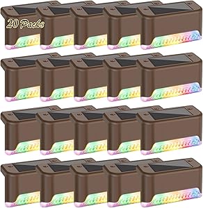 20-Pack Solar Deck Lights Color Changing, RGB LED Outdoor Step Light Waterproof, Colored Solar Powered Fence Lighting Bronze Finished for Decks Stairs Patio Path Yard Garden Decor, Multicolor