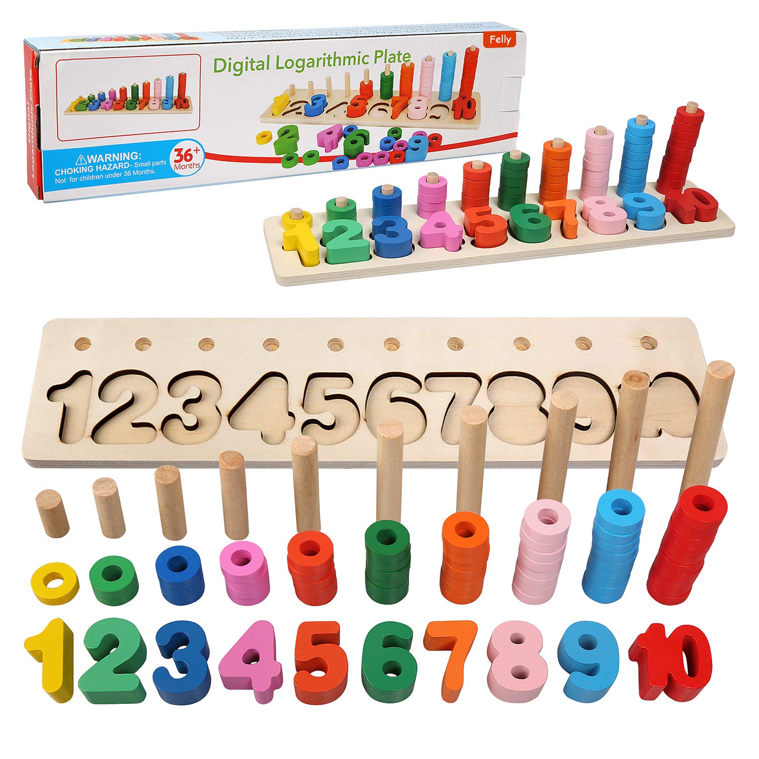 Felly Early Educational Counting Toys Montessori Wood Blocks Puzzle Math Sorting Stacking Number Board Fishing Pole Game Play Set Learning for 3 4 5 6 years Olds Toddler Kids