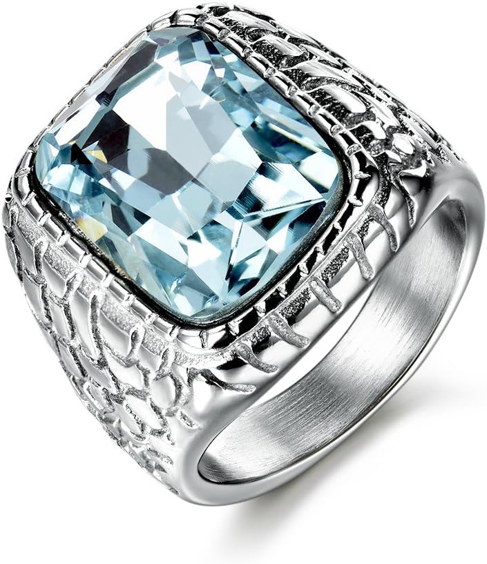 MASOP Man 316L Stainless Steel Ring Engraved Aquamarine Color Stones Silver Tone