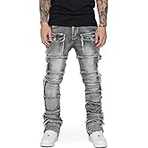 Stretch Stacked Jeans Mens Slim Fit Ripped Cargo Jeans Distressed Straight Leg Hip Hop Trousers with Pockets