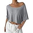 Remidoo Womens Off The Shoulder Short Sleeve Crop Top Asymmetrical Neck Loose Tshirt