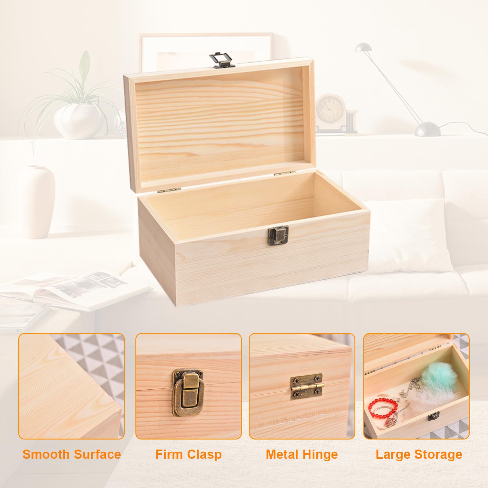 Large Unfinished Wooden Box with Hinged Lid Unfinished Wooden Storage Box 10.6 x 8 x 5.7 Inch Wood Box Unfinished Large Keepsake Box for Jewelry, Art Hobbies, DIY lovers and Home Storage