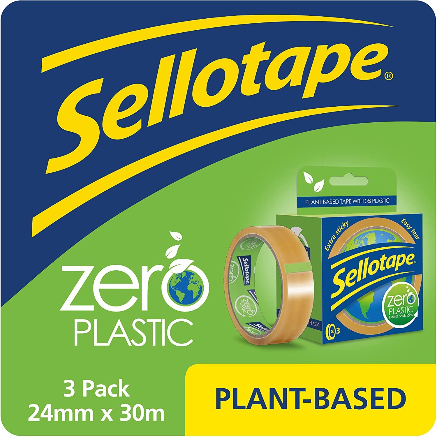 Sellotape Zero Plastic Tape, Multi-Purpose Clear Tape for Household Objects & Sticking Envelopes or Cards, Easy to Use Plant Based Packaging Tape with 0% Plastic, 24mm x 30m, Pack of 3