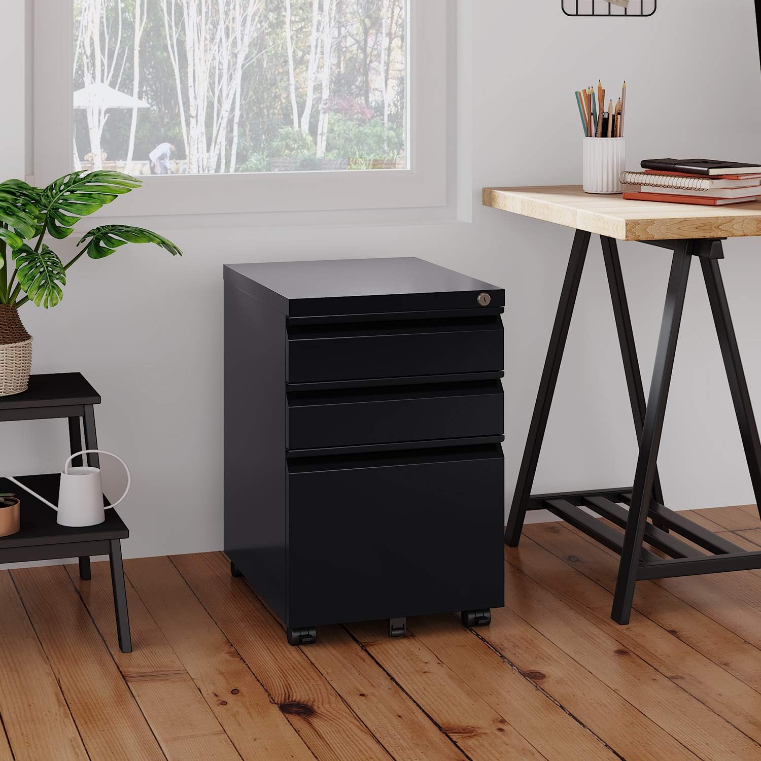 DEVAISE 3 Drawer Mobile File Cabinet with Lock, Under Desk Metal Filing Cabinet for Legal/Letter/A4 File, Fully Assembled Except Wheels, Black : Office Products
