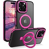 YINLAI Case for iPhone 16 Pro Max, Magnetic [Compatible with Magsafe] with Ring Holder Kickstand Slim Translucent Matte Men Women Shockproof Protective Back Phone Cover 6.9 Inch, Hot Pink/Black